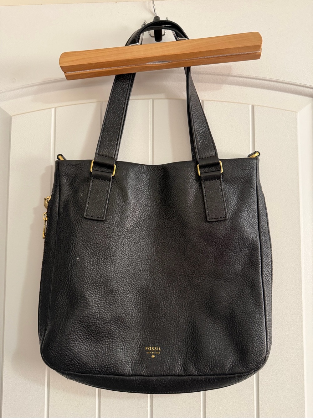 Fossil Black Pebbled Leather Shoulder Tote with Gold Hardware